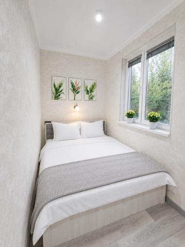 a bedroom with a large bed with two windows at Cozy Apartment on the First Floor in Yunusobod