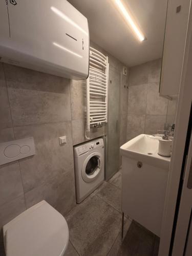 a bathroom with a toilet and a sink and a washing machine at Apartmán 2 in Zlín