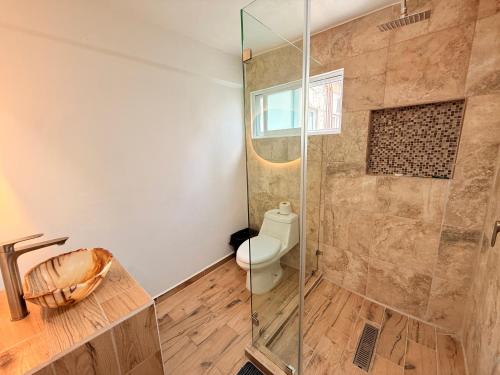 a bathroom with a toilet and a glass shower at Hotel Fernando´s in Tlalpujahua de Rayón