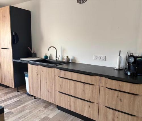 a kitchen with a sink and a black counter top at Cécile Foissy in Pogny