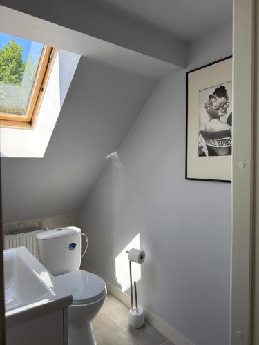 a bathroom with a toilet and a sink and a window at Kalna Raskumu Apartamenti in Vecpiebalga