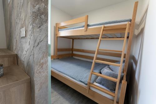 two bunk beds in a room with a ladder at Hiška pod vrhom in Poljane nad Škofjo Loko