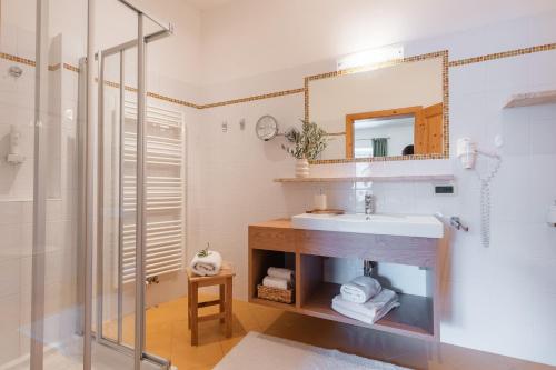 a bathroom with a sink and a shower at Kreuzwegerhof Nals - Historic Nature Stay with Pool near Meran & Bozen in Nalles