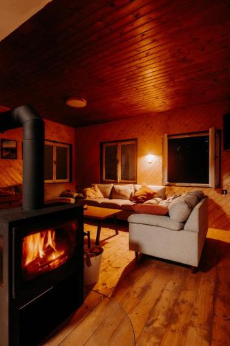 a living room with a couch and a fireplace at Chata u Karla in Rudná pod Pradědem