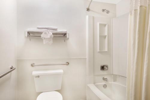 a white bathroom with a toilet and a shower at Days Inn by Wyndham Indianapolis Northeast in Indianapolis