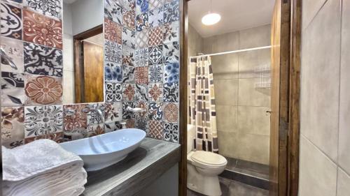 a bathroom with a sink and a toilet at Terrazas de la Quinta - Cabañas de Montaña in Mendoza