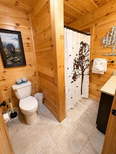 a bathroom with a toilet in a wooden cabin at Black Bear Lodge in Pigeon Forge
