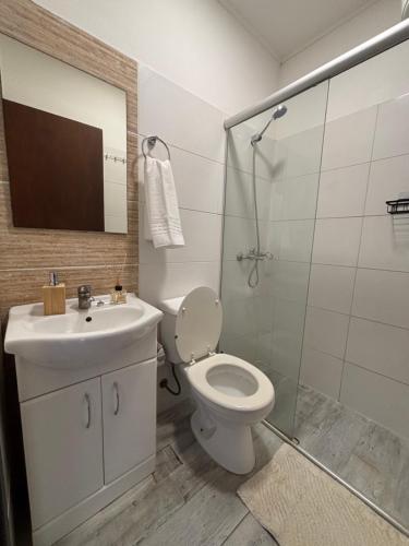 a bathroom with a toilet and a sink and a shower at La Casona Posada in Florencio Sánchez