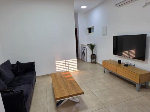 a living room with a couch and a flat screen tv at פנינת הצפון in Qiryat Shemona