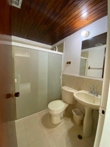 a bathroom with a toilet and a sink at puerto real isla de margarita in La Playa