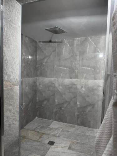 a shower with a glass door in a bathroom at Elysium Luxury Suite in Trabia