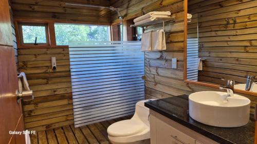 a bathroom with a toilet and a sink at Refugio Cordillera Flora endógena Bosque Esclerófilo in San José de Maipo