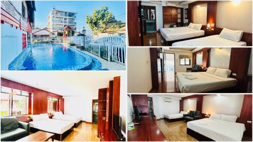 a collage of photos of a hotel room with a pool at Vangvieng Rock Backpacker Rooftop Hostel in Vang Vieng