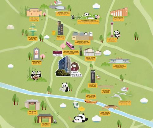 a map of a park with pandas and buildings at Rhombus Park Aura Chengdu Hotel in Chengdu