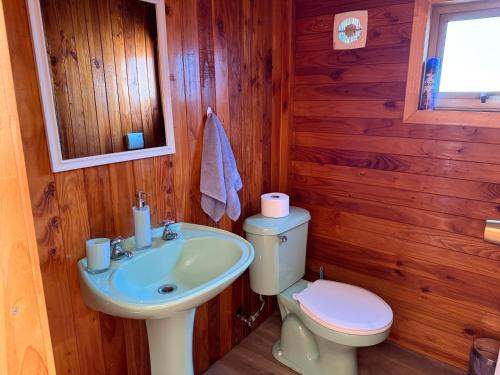 a bathroom with a white sink and a toilet at Refugio Barbara - Coñaripe in Coñaripe
