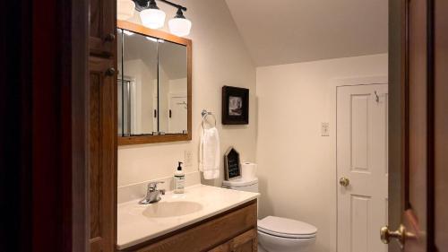 a bathroom with a sink and a toilet and a mirror at Spacious 4 BDR Historic Home in Heart of Sioux Center in Sioux Center