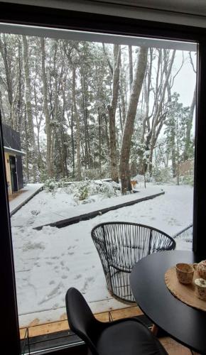 a view of a snow covered yard from a window at Bosque Cipreses Sur in San Carlos de Bariloche