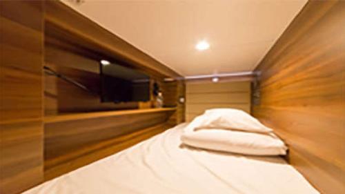a small room with a bed and a flat screen tv at LiVEMAX RESORT Sakurajima Sea Front in Tarumizu