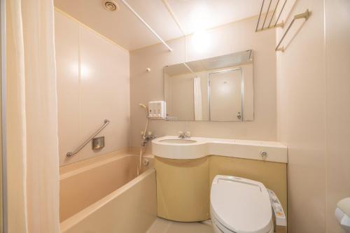 a bathroom with a toilet and a sink and a mirror at Hirosaki Plaza Hotel in Hirosaki