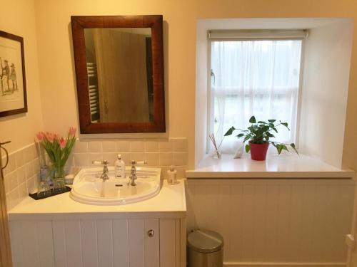 a bathroom with a sink and a mirror and a window at The Annex - Easter Arr in Auldearn