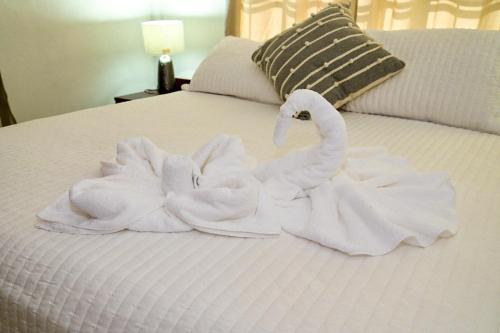 two white swans are sitting on a bed at EV's Place in San Ignacio
