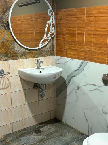 a bathroom with a sink and a mirror on the wall at Churinga Eco Resort in Tigaon