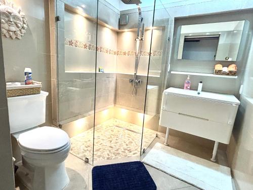 a bathroom with a shower and a toilet and a sink at Brisas Shores Beachfront connecting apartments, Cancun Hotel Zone in Cancún