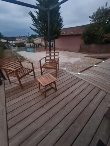 two benches sitting on top of a wooden deck at Tiny House - Studio in Eygurande-et-Gardedeuil