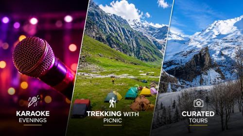 three pictures of a microphone in front of a mountain at Sterling Manali in Manāli