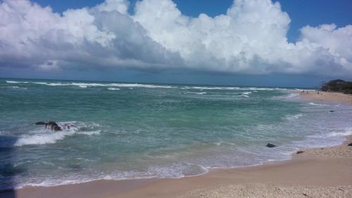 a person riding a wave in the ocean on a beach at Nilaveli Beach Rooms in Nilaveli