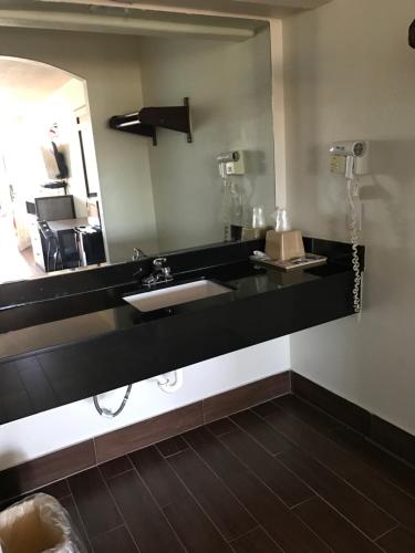 a bathroom with two sinks and a large mirror at Moonlight Inn & Suites in Houston