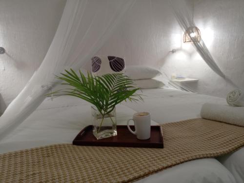 a white bed with a tray with a plant on it at The Courtyard Guesthouse in Matola