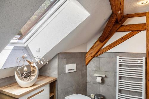 a attic bathroom with a skylight and a toilet at Ferienwohnung Schwarzmühle 3 in Neuer Anbau