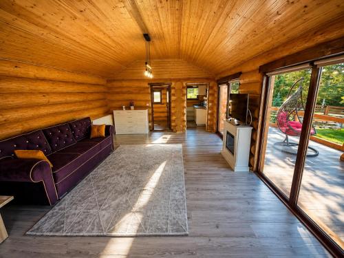 a living room of a log cabin with a purple couch at Casa Dragomir in Plaiu Şarului