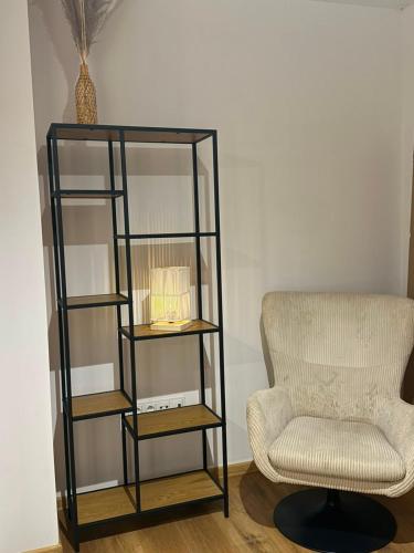 a living room with a chair and a book shelf at Apartament Venis ul Jodłowa in Opole