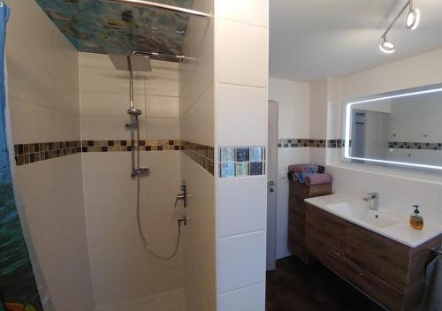 a bathroom with a shower and a sink at Ferienhaus Bumblebee im Allgäu in Eggenthal