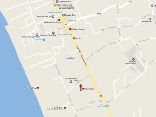 a map of the city of dublin with a red marker at Emildale Villa in Wadduwa
