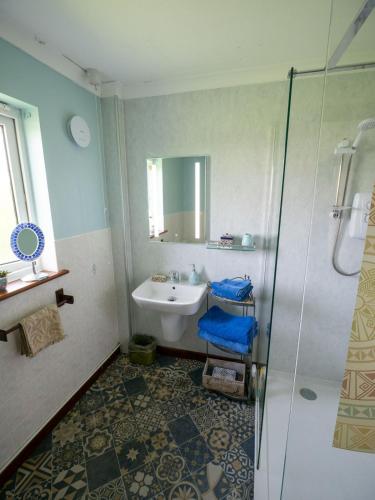 a bathroom with a sink and a shower at Idyllic, Luxurious Seaside Flat for 4. in Borth