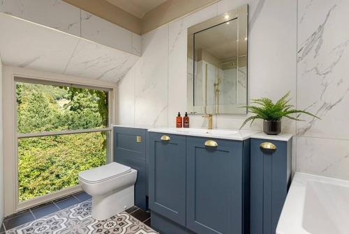 a bathroom with blue cabinets and a toilet and a window at Marske Hall, Yorkshire Dales in Marske