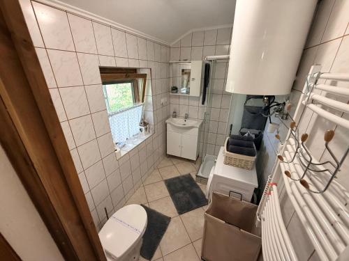 a small bathroom with a toilet and a sink at Berkó Vendégház in Rákóczifalva
