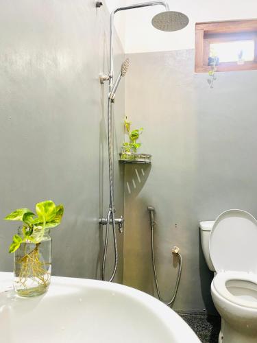 a bathroom with a shower with a toilet and a sink at Cinty Guest House in Dambulla