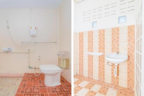 two pictures of a bathroom with a toilet and a sink at Koh Lak Resort in Prachuap Khiri Khan
