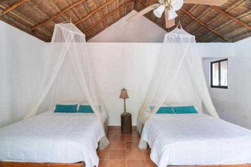 a bedroom with two beds and a ceiling fan at Collection O EcoVergel Hotel Boutique Spa in Tulum in Chemuyil