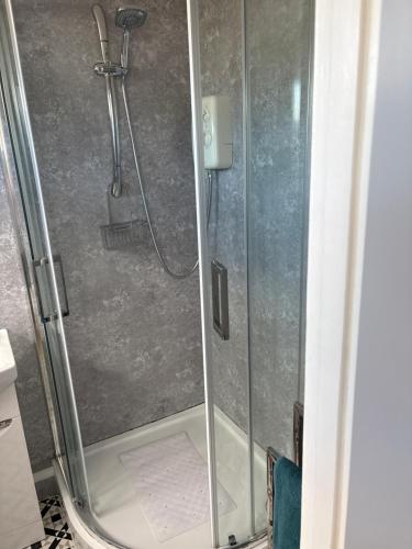 a shower in a bathroom with a glass door at 78 Belle Aire in Hemsby