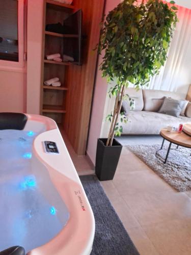 a living room with a jacuzzi tub in the middle at Omnia Lux Apartman 4C in Šabac