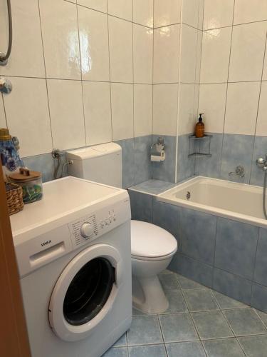 a bathroom with a washing machine and a toilet at M5 in Promajna