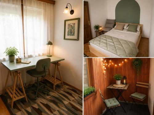 two pictures of a bedroom with a bed and a desk at Road View Apartment Celeia in Celje