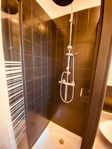 a shower with a glass door in a bathroom at Le Petit Condette in Condette