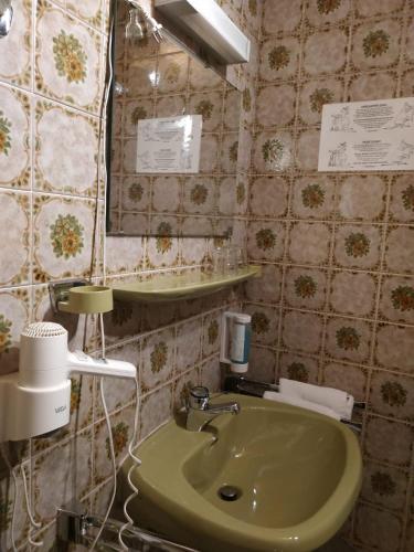 a bathroom with a green sink and a mirror at Hotel Waldblick BSR Garten mit Pavillons im Schwarzwald, ideal für Paare, Familien, Hunde in Donaueschingen