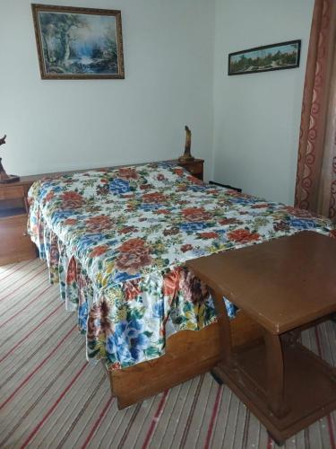 a bed with a quilt on it in a bedroom at Home in village in Korçë
